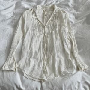 Free People One White Linen Cotton Boho Button Up Blouse Size S
